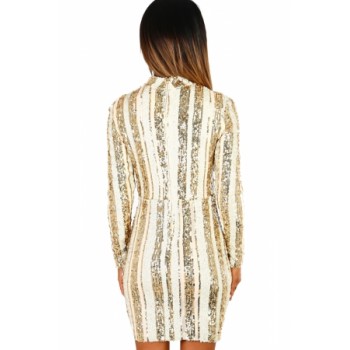 Life Of The Party Gold And Nude Sequin Long Sleeve Mini Dress